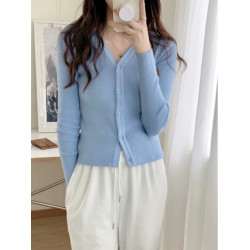 藍色毛衣打底衫女2025新款早春v領針織開衫高級感超好看上衣外套