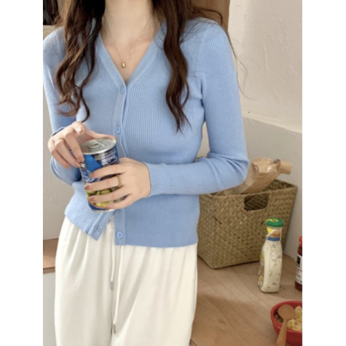 藍色毛衣打底衫女2025新款早春v領針織開衫高級感超好看上衣外套