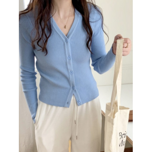 藍色毛衣打底衫女2025新款早春v領針織開衫高級感超好看上衣外套