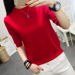 2025春季新款女士歐美風中袖五分圓領針織寬松簡時尚氣質打底衫薄