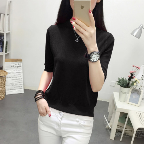 2025春季新款女士歐美風中袖五分圓領針織寬松簡時尚氣質打底衫薄