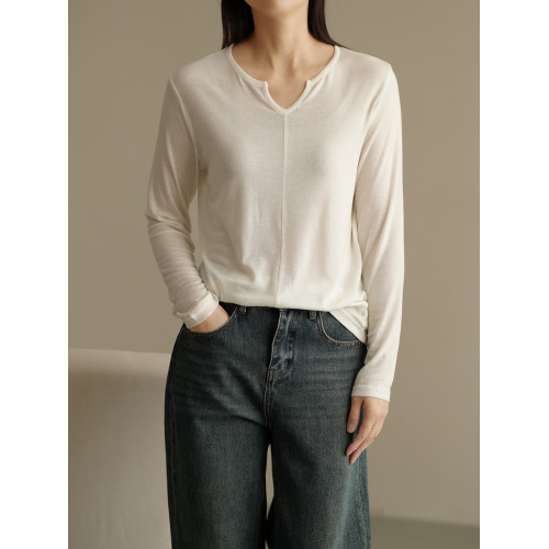 萊賽爾+羊毛 女士亨利領針織衫 柔軟垂感罩衫 打底衫 春秋款女裝