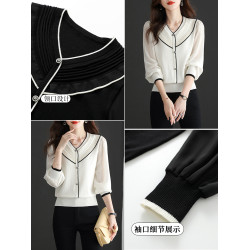 秋季v領雪紡拼接針織打底衫女短款秋裝2025新款洋氣薄款長袖上衣