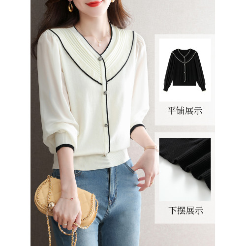 秋季v領雪紡拼接針織打底衫女短款秋裝2025新款洋氣薄款長袖上衣