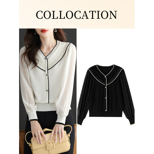 秋季v領雪紡拼接針織打底衫女短款秋裝2025新款洋氣薄款長袖上衣