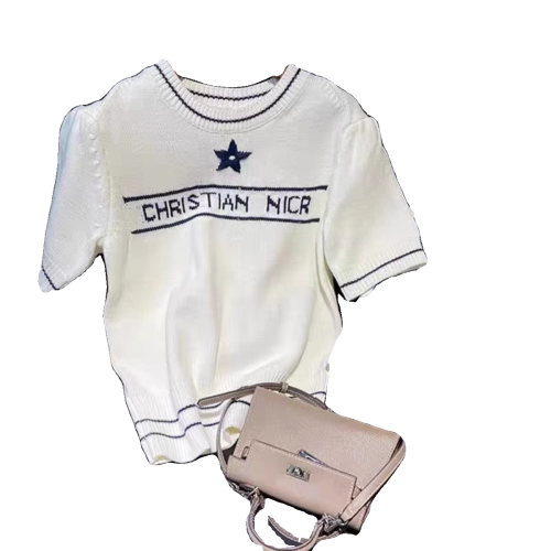 2025秋冬圓領純羊絨五角星刺綉泡泡袖字母針織打底衫短袖毛衣女