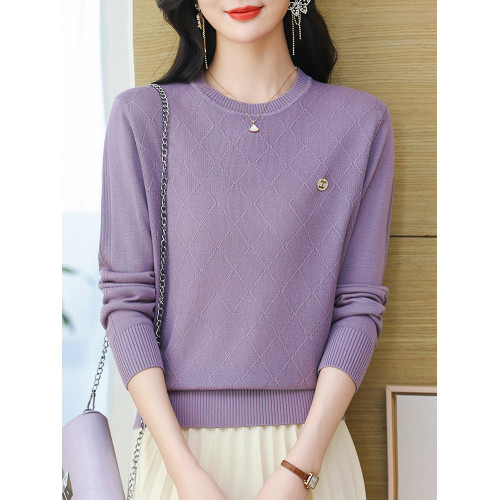 萊塞爾天絲針織衫圓領上衣女春秋新款媽媽裝薄款桑蠶絲長袖打底衫