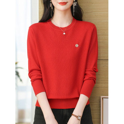 萊塞爾天絲針織衫圓領上衣女春秋新款媽媽裝薄款桑蠶絲長袖打底衫