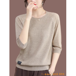 高級感百搭早春七分袖針織小衫女寬松上衣薄款春秋中袖羊毛打底衫