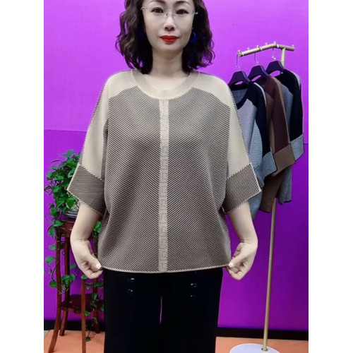 夏季中老年針織衫套頭毛衣媽媽裝顯瘦寬松蝴蝶七分袖打底衫焦麻衫