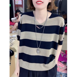 2024年寬松休閒風V領設計針織衫鏤空透氣夏季條紋短袖打底衫女裝