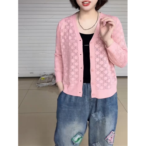 V領鏤空薄款夏季親膚透氣針織開衫小個子百搭粉色甜美防曬打底衫