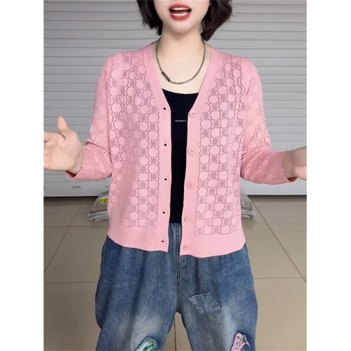 V領鏤空薄款夏季親膚透氣針織開衫小個子百搭粉色甜美防曬打底衫