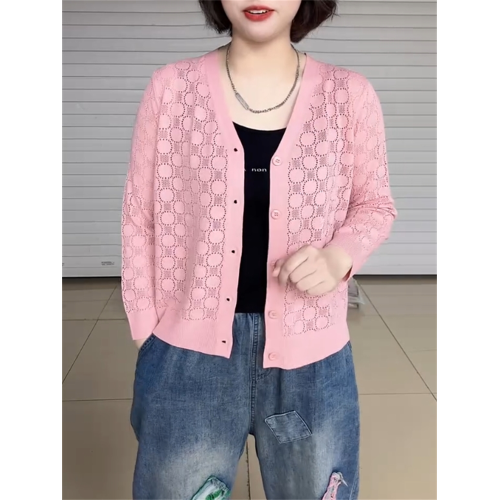 V領鏤空薄款夏季親膚透氣針織開衫小個子百搭粉色甜美防曬打底衫