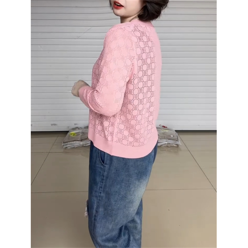 V領鏤空薄款夏季親膚透氣針織開衫小個子百搭粉色甜美防曬打底衫