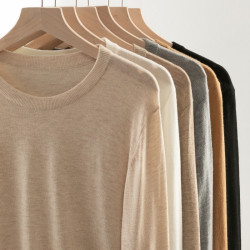 精紡100細羊毛圓領針織打底衫女長袖套頭薄毛衣內搭寬松休閒簡約