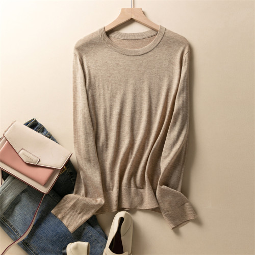 精紡100細羊毛圓領針織打底衫女長袖套頭薄毛衣內搭寬松休閒簡約