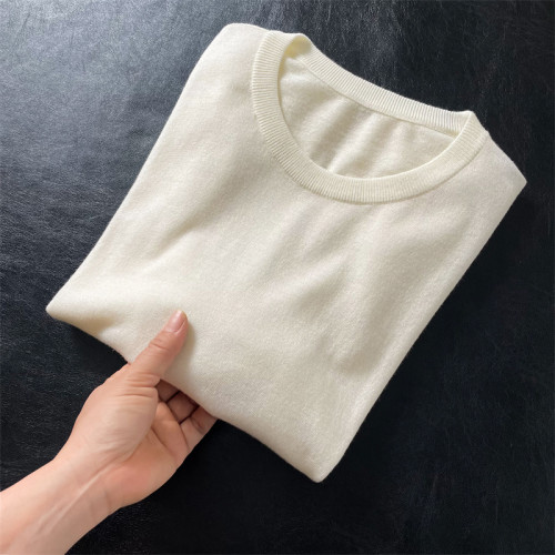 精紡100細羊毛圓領針織打底衫女長袖套頭薄毛衣內搭寬松休閒簡約