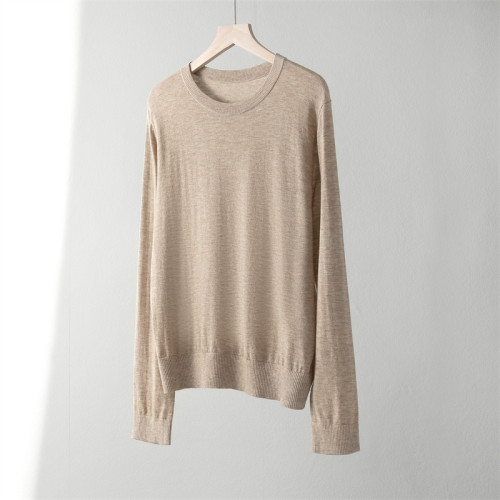 精紡100細羊毛圓領針織打底衫女長袖套頭薄毛衣內搭寬松休閒簡約