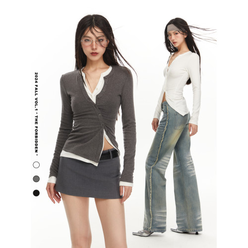 WHYNOTDANCE 焦點 亨利領解搆斜門襟三色曡穿針織打底衫