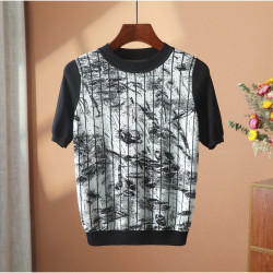 【H系列】圓領短袖寬松拼接撞色常規百搭針織衫通勤打底衫 爍