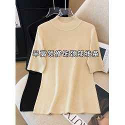 胖mm顯瘦正肩半高領中袖針織衫女大碼春秋五分袖內搭打底衫上衣