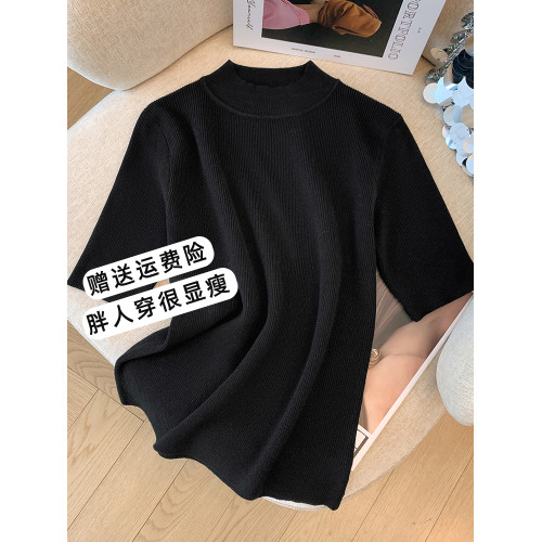 胖mm顯瘦正肩半高領中袖針織衫女大碼春秋五分袖內搭打底衫上衣