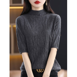 法式半高領五分袖針織打底衫女薄款秋冬時尚純色毛衣中袖大碼上衣