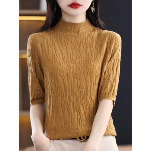 法式半高領五分袖針織打底衫女薄款秋冬時尚純色毛衣中袖大碼上衣