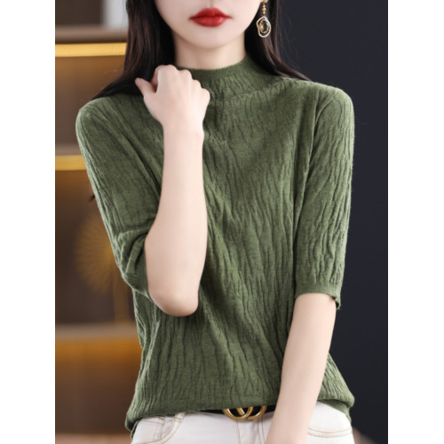 法式半高領五分袖針織打底衫女薄款秋冬時尚純色毛衣中袖大碼上衣