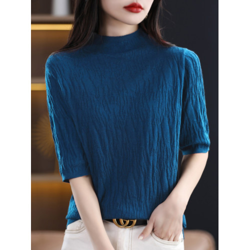 法式半高領五分袖針織打底衫女薄款秋冬時尚純色毛衣中袖大碼上衣