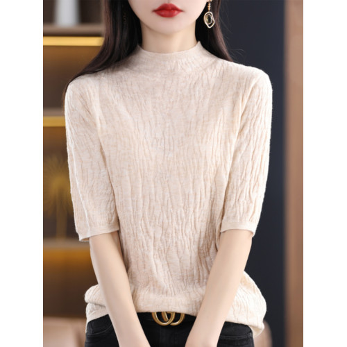 法式半高領五分袖針織打底衫女薄款秋冬時尚純色毛衣中袖大碼上衣