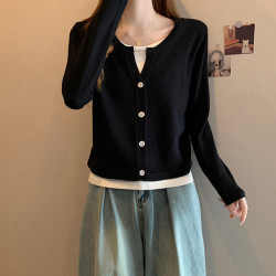 胖mm設計感遮肚顯瘦假兩件針織打底衫女大碼秋冬內搭長袖女士毛衣