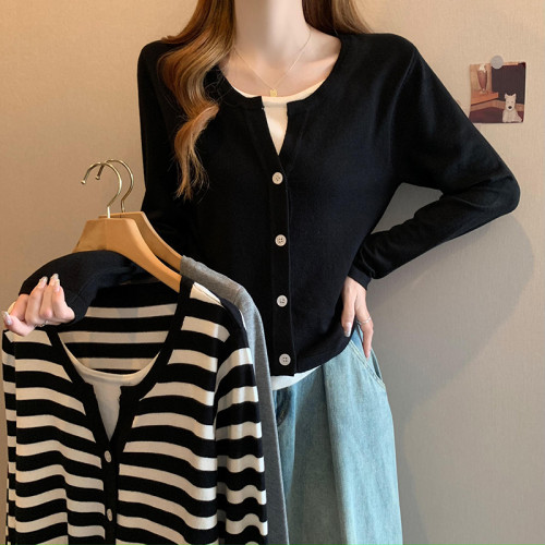 胖mm設計感遮肚顯瘦假兩件針織打底衫女大碼秋冬內搭長袖女士毛衣