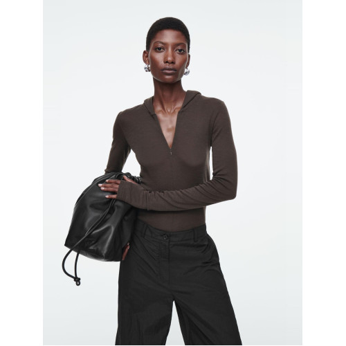 CS拉鍊連帽修身羊毛混紡打底衫半開襟拇指釦上衣