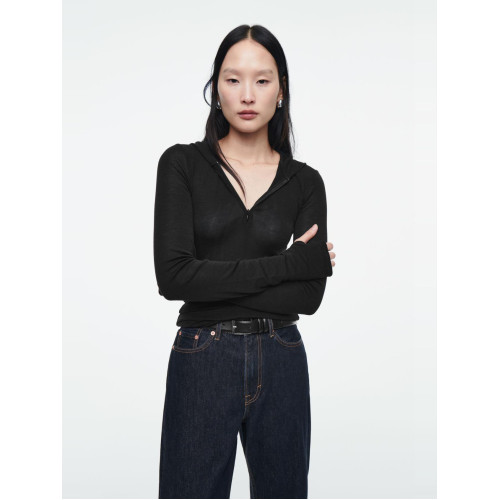 CS拉鍊連帽修身羊毛混紡打底衫半開襟拇指釦上衣