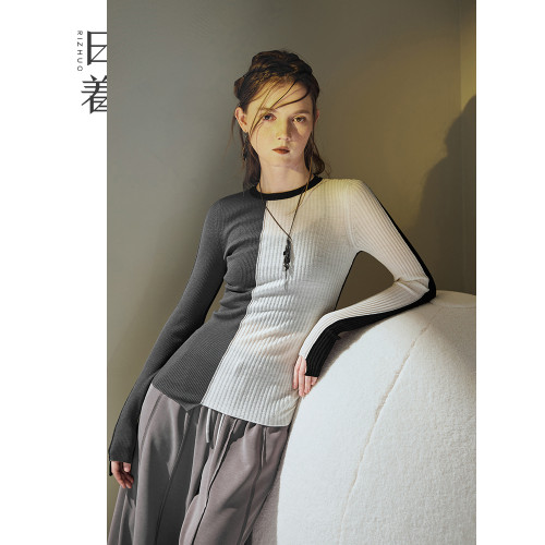 日著原創設計感拼色嵌花坑條打底衫2025秋季新款圓領彈力修身上衣