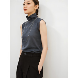 新澳100%羊毛衫女式修身純色堆堆高領套頭無袖針織背心內搭打底衫