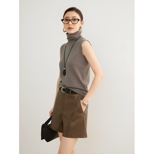 新澳100%羊毛衫女式修身純色堆堆高領套頭無袖針織背心內搭打底衫