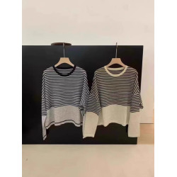 韓版寬松慵懶風條紋套頭針織衫女2024早春百搭長袖打底衫套頭上衣