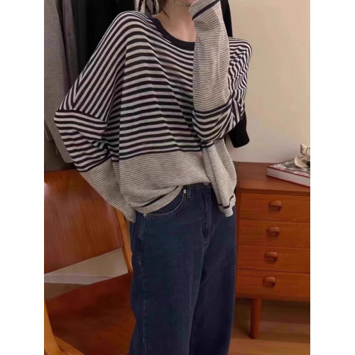 韓版寬松慵懶風條紋套頭針織衫女2024早春百搭長袖打底衫套頭上衣