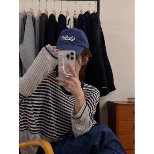 韓版寬松慵懶風條紋套頭針織衫女2024早春百搭長袖打底衫套頭上衣