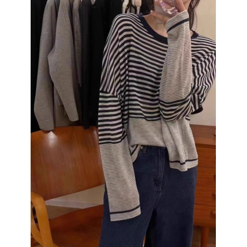 韓版寬松慵懶風條紋套頭針織衫女2024早春百搭長袖打底衫套頭上衣