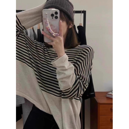 韓版寬松慵懶風條紋套頭針織衫女2024早春百搭長袖打底衫套頭上衣