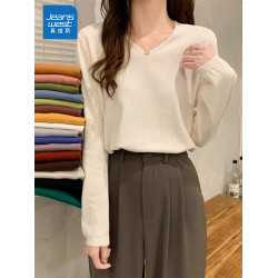 真維斯杏色v領針織衫毛衣女春秋2024新款韓系百搭長袖打底衫上衣