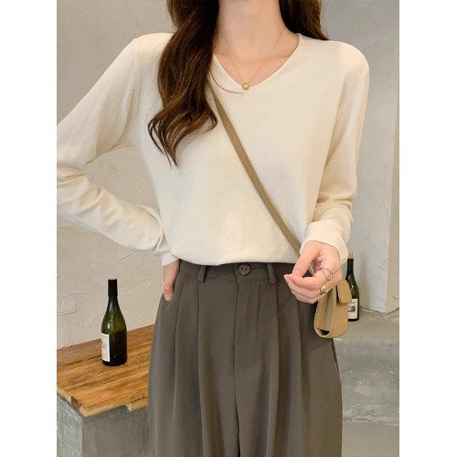 真維斯杏色v領針織衫毛衣女春秋2024新款韓系百搭長袖打底衫上衣