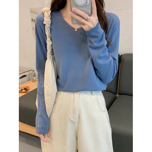 真維斯杏色v領針織衫毛衣女春秋2024新款韓系百搭長袖打底衫上衣