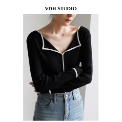 VDH STUDIO 通勤顯瘦撞色邊V領羊毛內搭毛針織衫女春打底衫上衣