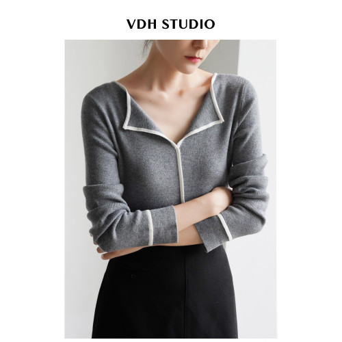 VDH STUDIO 通勤顯瘦撞色邊V領羊毛內搭毛針織衫女春打底衫上衣