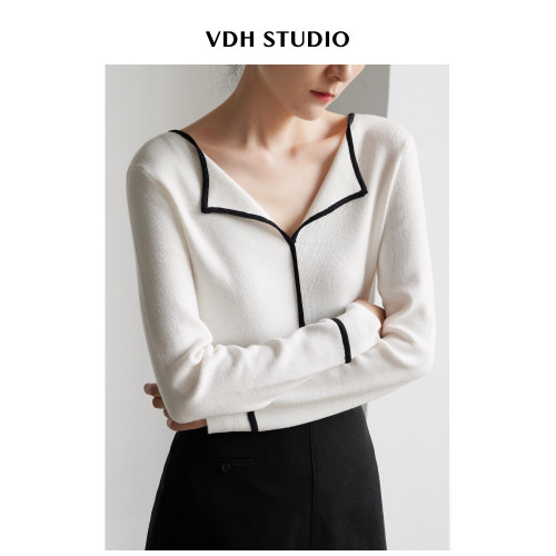VDH STUDIO 通勤顯瘦撞色邊V領羊毛內搭毛針織衫女春打底衫上衣